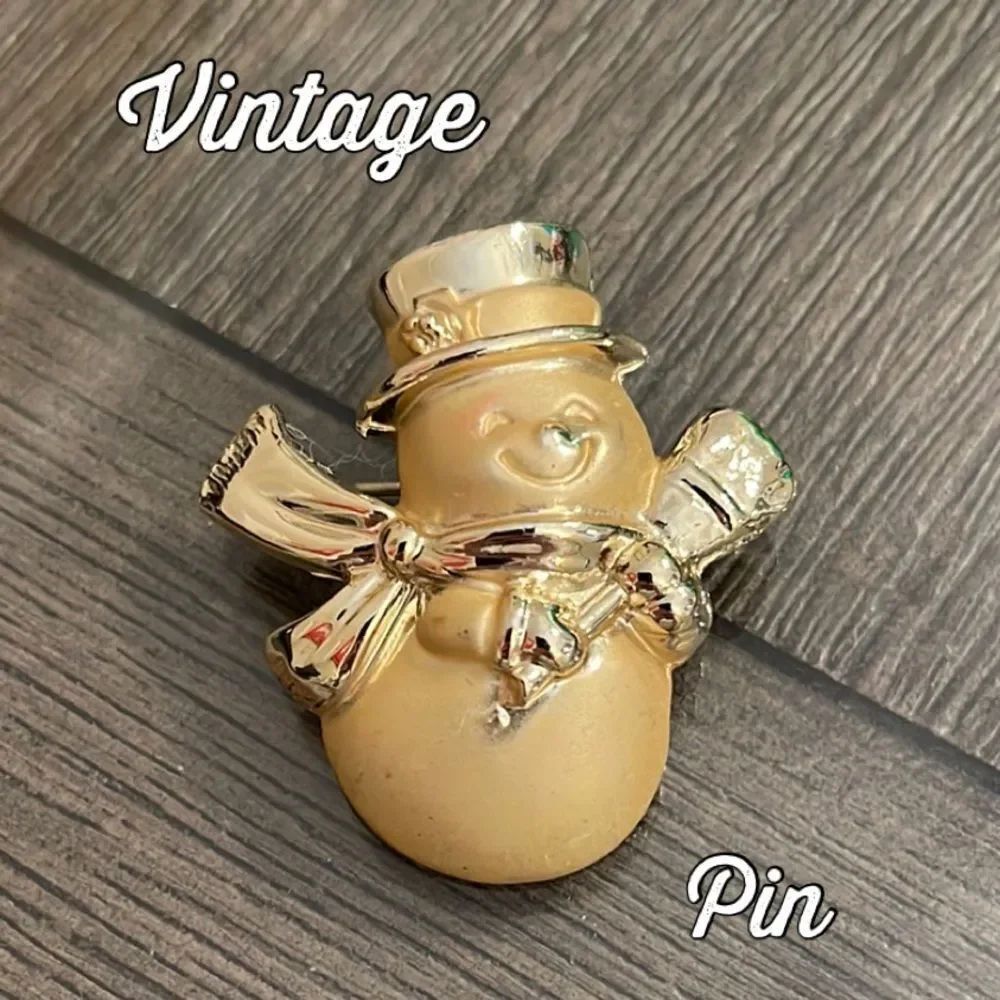 Vintage Matte & Shiny Gold-tone Colored Snowman Pin Holiday Brooch Christmas Pin